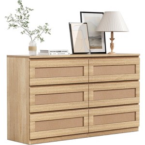 6 Rattan Drawer Double Dresser for Bedroom, Natural Rattan Modern Drawer Chest, Wooden Storage Wardrobe Dresser, for Living Room, Hallway - 1 of 4
