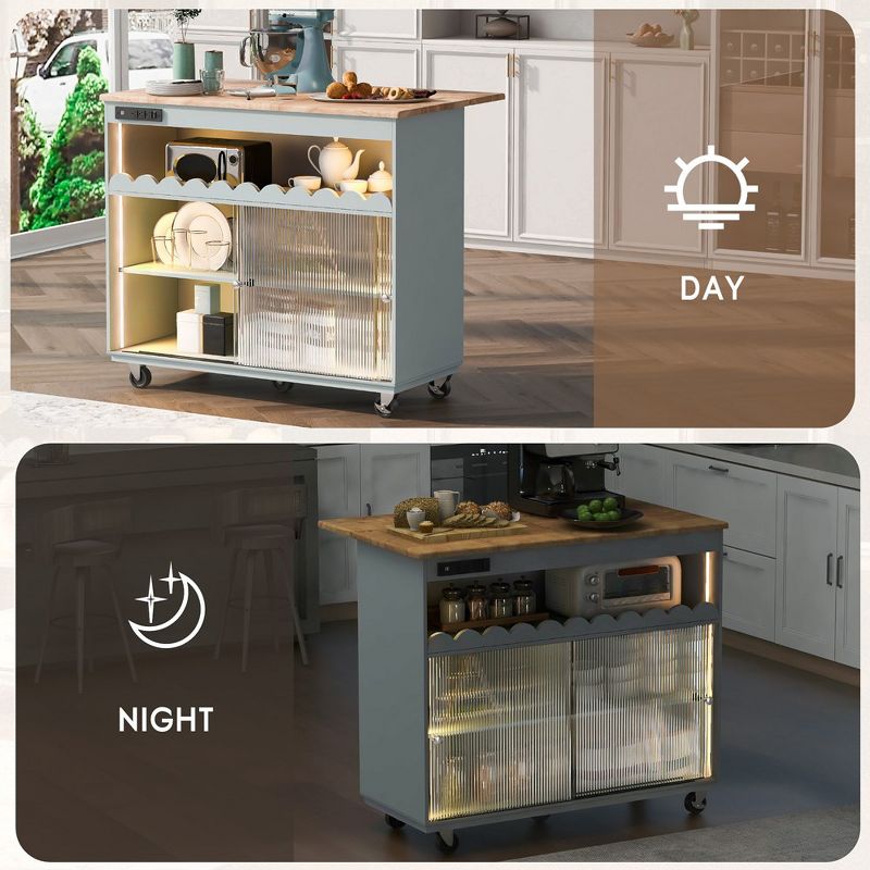 Kitchen Island with Drop Leaf, Kitchen Island Cart on Wheels, Rolling Kitchen Cart Table with Power Outlet and Led Light, Kitchen Storage Island for Kitchen, 3 of 7