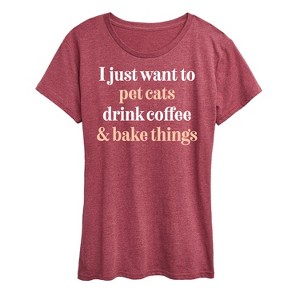Women's - Instant Message - Pet Cats Drink Coffee Bake Short Sleeve Graphic T-Shirt - 1 of 4