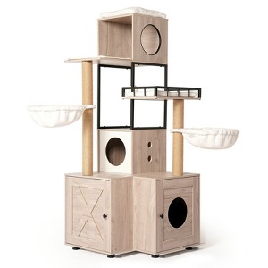 Lirago Rustic Gray Cat Tree 25.6x25.6x63"-63" Multi-Functional Litter Box Tower - 1 of 4