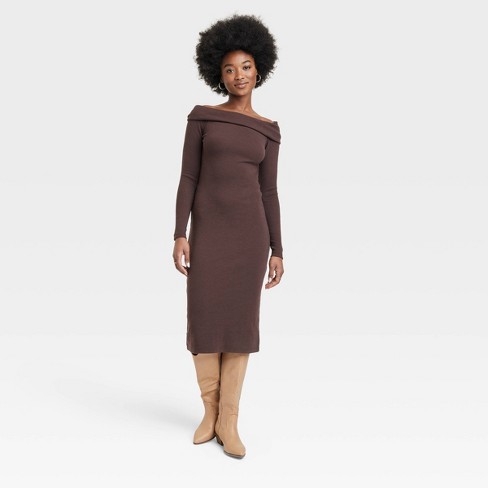 Women's Long Sleeve Midi Bodycon Dress - Universal Thread™ Brown XL