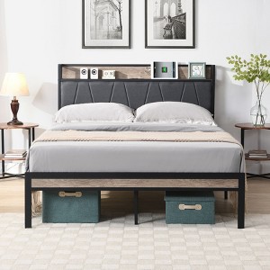 NicBex Full/Queen Upholstered Bed Frame with Storage Headboard and Charging Station,No Box Spring Needed,Easy Assembly,Beige/Gray/Black+Brown - 1 of 4