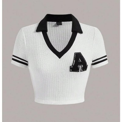 TIME HOLLOW Striped Trim Crop Color Contrast Tee