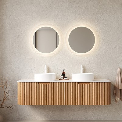 Dolonm Wall-Mounted Floating Curved Edge Vanity with Ceramic Sink, Natural Woodgrain Storage Cabinet with Soft-Close Drawer