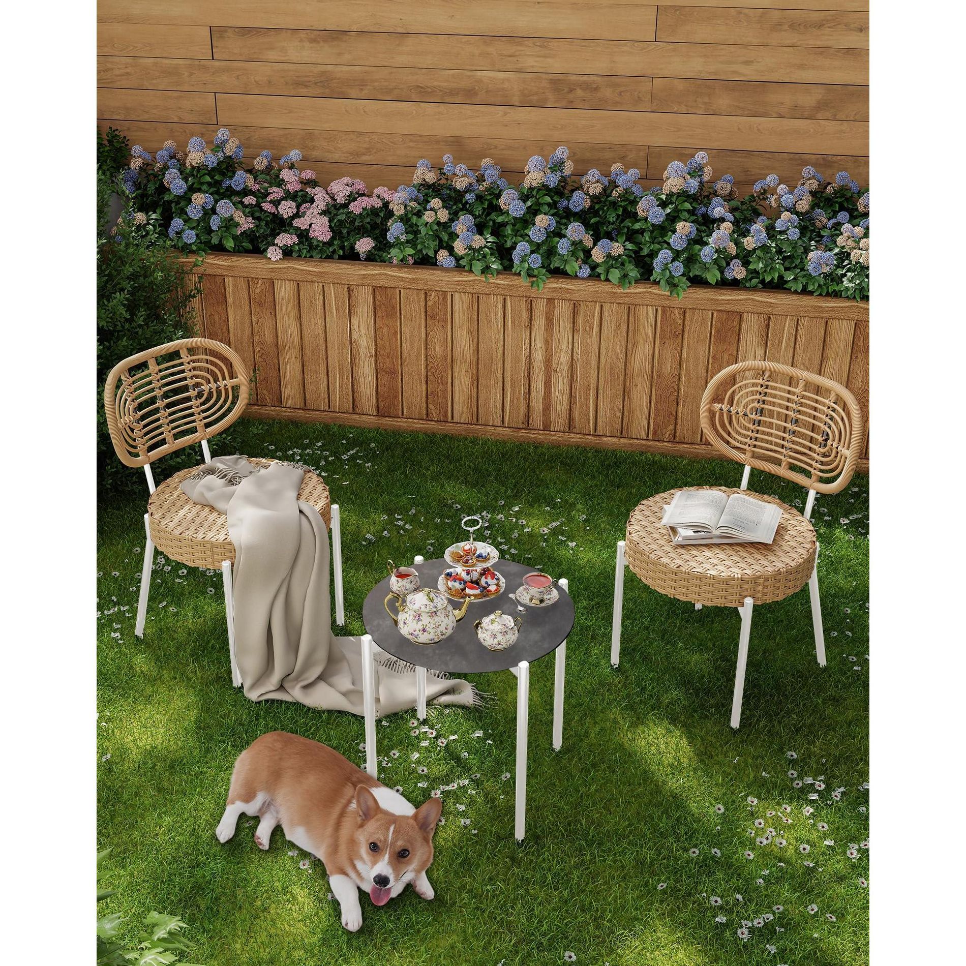Patio Bistro Set - 2 PE Rattan Chairs & Tempered Glass Table
