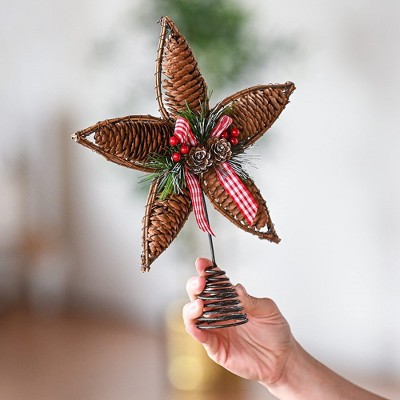 Rustic Rattan Pinecone Star Tree Topper with Holly and Berries