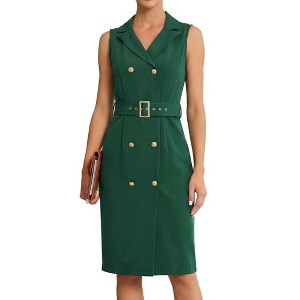 Allegra K Women's Sleeveless V Neck Notched Lapel Double Breasted Belted Work Office Dress Small Dark Green