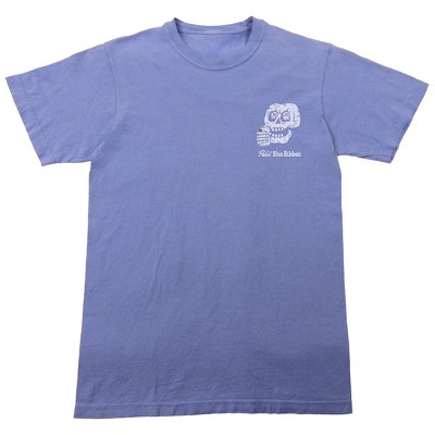 Pabst Blue Ribbon Skeleton With Beer Can & Flag Adult Periwinkle Crew Neck Short Sleeve T-shirt