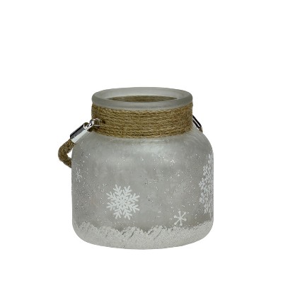 Northlight 4.75" White Iced with Glittered Snowflakes Decorative Pillar Candle Holder Lantern with Handle