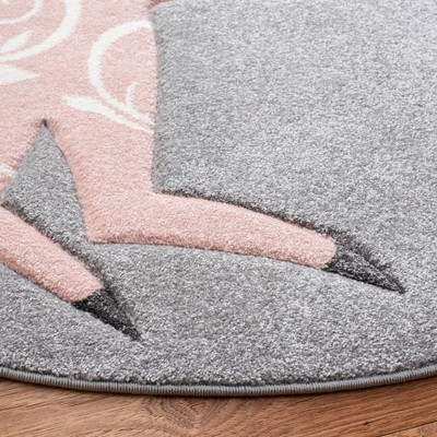 Grey and Pink Round Synthetic Unicorn Kids Rug, 3' Diameter