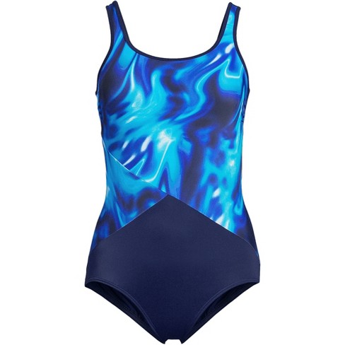 Lands' End Women's Long Chlorine Resistant Scoop Neck Soft Cup Tugless  Sporty One Piece Swimsuit Print - 4 - Multi Swirl/Deep Sea Navy Mix