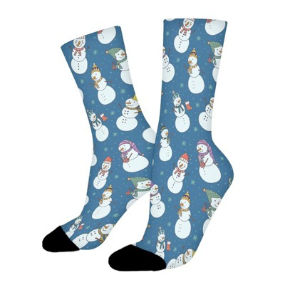 Christmas Snowman in Hats Blue Women Printed Crew Socks Funny Funky Socks Soft Polyester Novelty Gifts for Artists Men