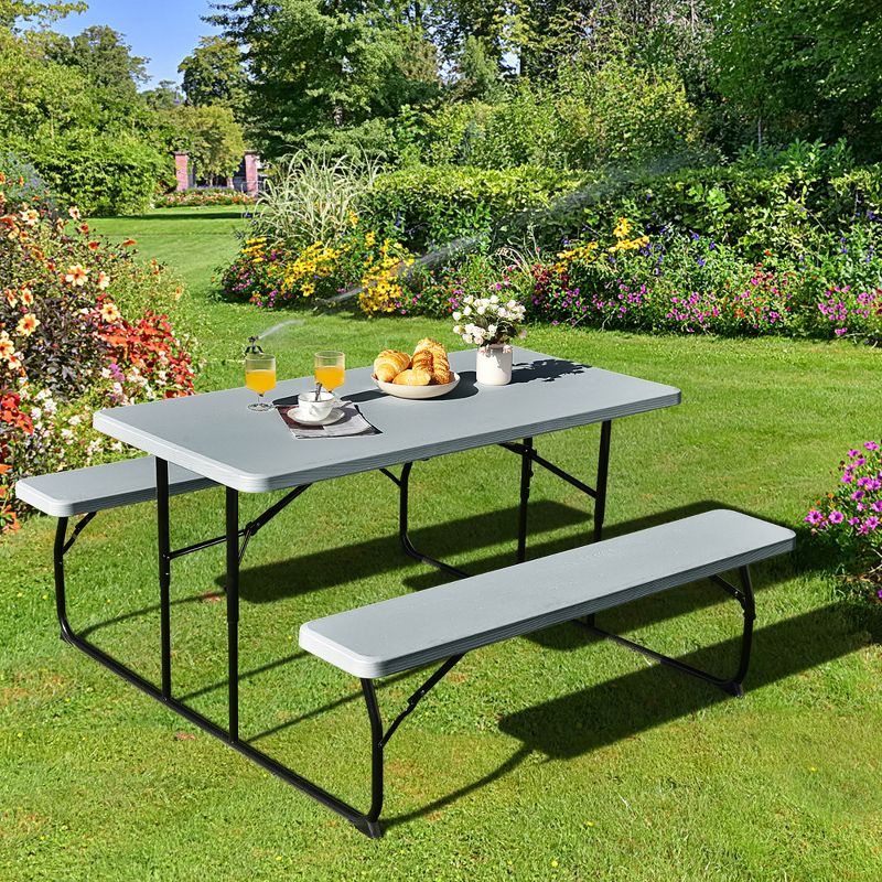 Costway Folding Picnic Table & Bench Set for Camping BBQ w/ Steel Frame White/Balck, 2 of 11