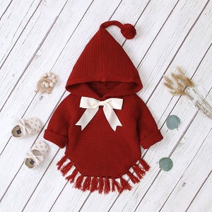 MyKids-USA Baby Girl 1pcs Solid Color Big Bow Tie Patched Design Shawl Kniited Hoodies With Hat - 1 of 4