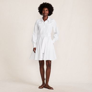 lands end embroidered dress Women's Poplin V-neck Embroidered Dress
