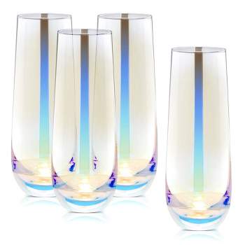 Sparkle and Bash 4 Pack Iridescent Champagne Flutes, Stemless Glasses for Cocktails, Mimosas, Bars, 10 oz