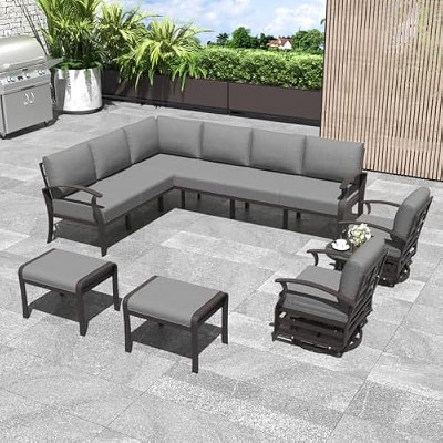 ALAULM Aluminum Patio Furniture Set Modern Metal Outdoor Conversation Sets w/45in Propane Fire Pit Table, Patio Sectional Sofa w/5.1 Inch Cushion