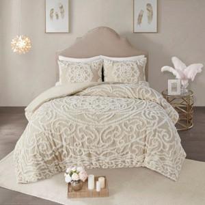 Sapphtopaz Duvet Cover Set Tufted Chenille Medallion Embroidery Solid Color Bedding 3 Piece 1 Duvet Cover, 2 Pillow Shams - 1 of 4