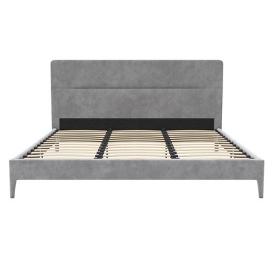 King-Size Light Gray Velvet Upholstered Bed with Minimalist Tufted Headboard