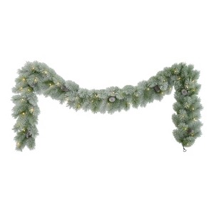 Puleo 9'x10" Pre-Lit Flocked Garland with Warm White LED Lights - 1 of 4