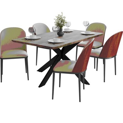 LeisureMod Ravenna 6-Piece Dining Set - 63" Rectangular MDF Wood Dining Table, 5 Leather Dining Chairs