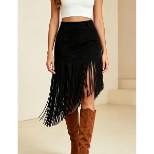 Women High Waist Asymmetrical Fringe Midi Skirt Western Cowboy