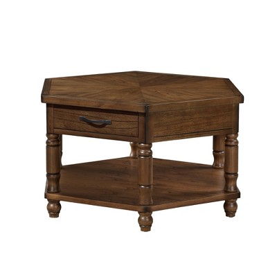 UPHA 36 Inch 2 Tier Retro Hexagon Living Room Solid Wood Coffee Table with Shelf & Drawer