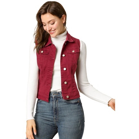 Allegra K Women's Buttoned Washed Denim Vest W Chest Flap Pockets Burgundy  Large