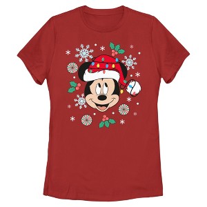 Womens Mickey & Friends Christmas Hat Ornaments Mouse Portrait T Shirt - 1 of 4