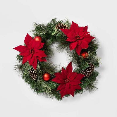 28in Christmas Red Poinsettia with Ornaments Artificial Pine Wreath - Wondershop™