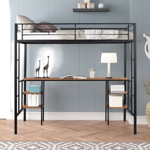 NicBex Twin Size Loft Bed with Desk & Shelves,Heavy-duty Metal Bed with Noise Reduction & Dual Ladders (CPC Certified),Loft Bed for Kids,Teens,Black - 1 of 4