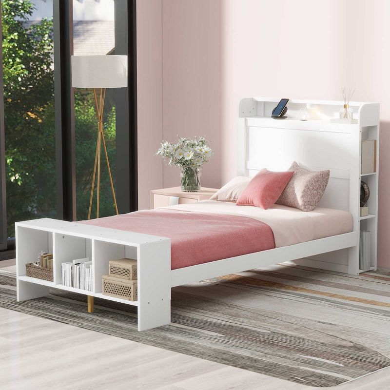 Twin/Full Size Platform Bed with Built-in Shelves, LED Light and USB Ports, White/Gray, 4A -ModernLuxe, 1 of 13