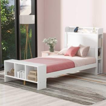 Twin/Full Size Platform Bed with Built-in Shelves, LED Light and USB Ports, White/Gray, 4A -ModernLuxe