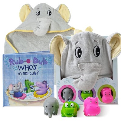 Tickle & Main Rub-a-Dub Gift Set, 5-Piece Bath Set Includes Elephant Hooded Towel, 3 Jungle Safari Squirt Toys