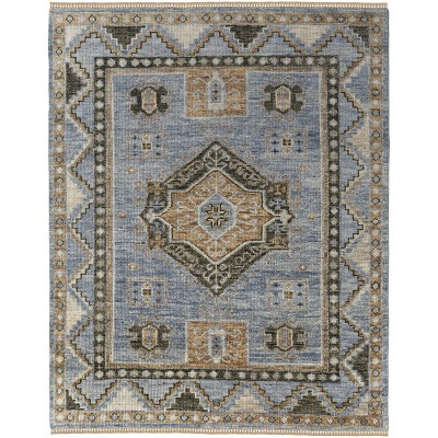 Ivory Tan and Blue Wool Oriental Hand Knotted Area Rug With Fringe