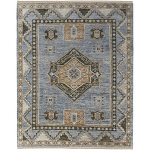 Ivory Tan and Blue Wool Oriental Hand Knotted Area Rug With Fringe - 1 of 4