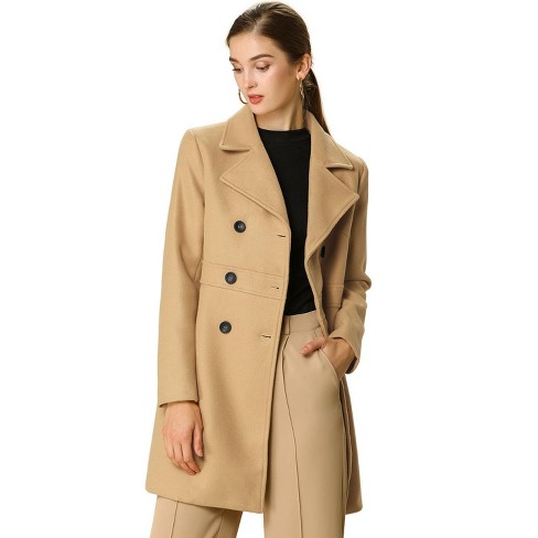 Allegra K Women's Notched Lapel Double Breasted Long Trench Coat Camel Large