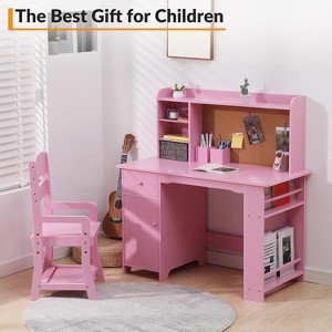 Kids Study Desk and Chair Set for Boys and Girl, Wooden Kids Writing Table with Bookshelf, Bulletin Board, Cabinet and Drawer for 3-8, Pink - 1 of 4