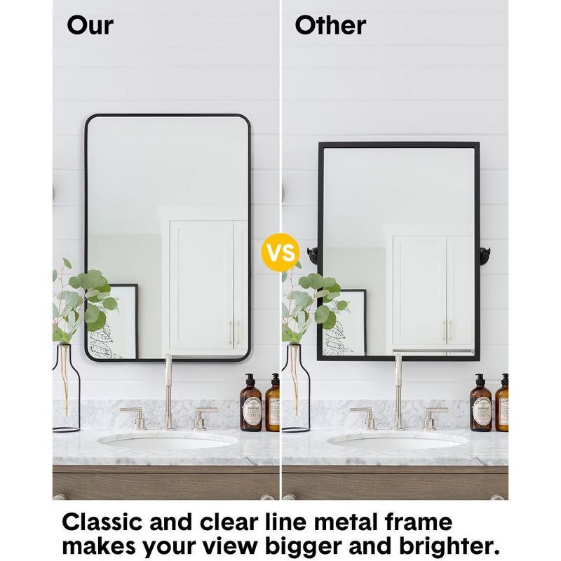 Black Metal Framed Bathroom Mirror, Rounded Corner Rectangular Vanity Mirror, Hangs Horizontally or Vertically, 3 of 8