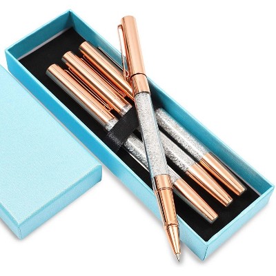 Paper Junkie 4-Pack Rose Gold Crystal Bling Ballpoint Pens Set with Blue Gift Box for Office, Home and Business