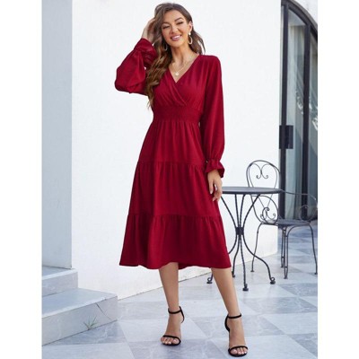 Coolmee Women's Bohemian Dress Casual Long Sleeve V Neck Dress Floral Flowy Maxi Dresses Tiered Cocktail Dress