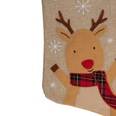 19" Burlap Plaid Reindeer Christmas Stocking with Embroidery