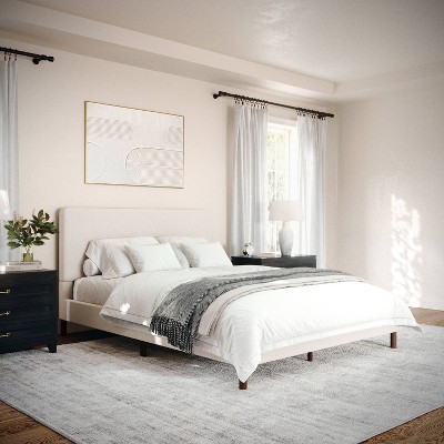 Queen Beige Linen Upholstered Platform Bed with Storage Drawer