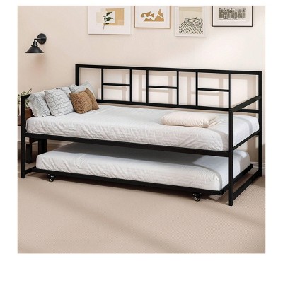 Twin Size Metal Daybed Heavy Duty Frame Roll Out Trundle Sofa Bed Set Black For Bedroom Living Room