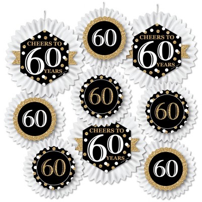 Big Dot of Happiness Adult 60th Birthday - Gold - Hanging Birthday Party Tissue Decoration Kit - Paper Fans - Set of 9