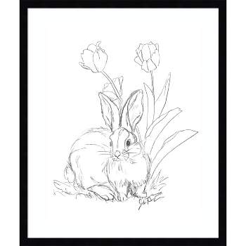 Amanti Art Bunny Sketch with Tulips by Jodi Augustine Wood Framed Wall Art Print 21 in. x 25 in.