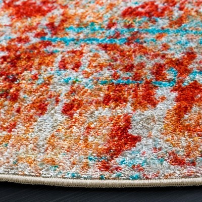Red and Light Blue Round Washable Synthetic Area Rug