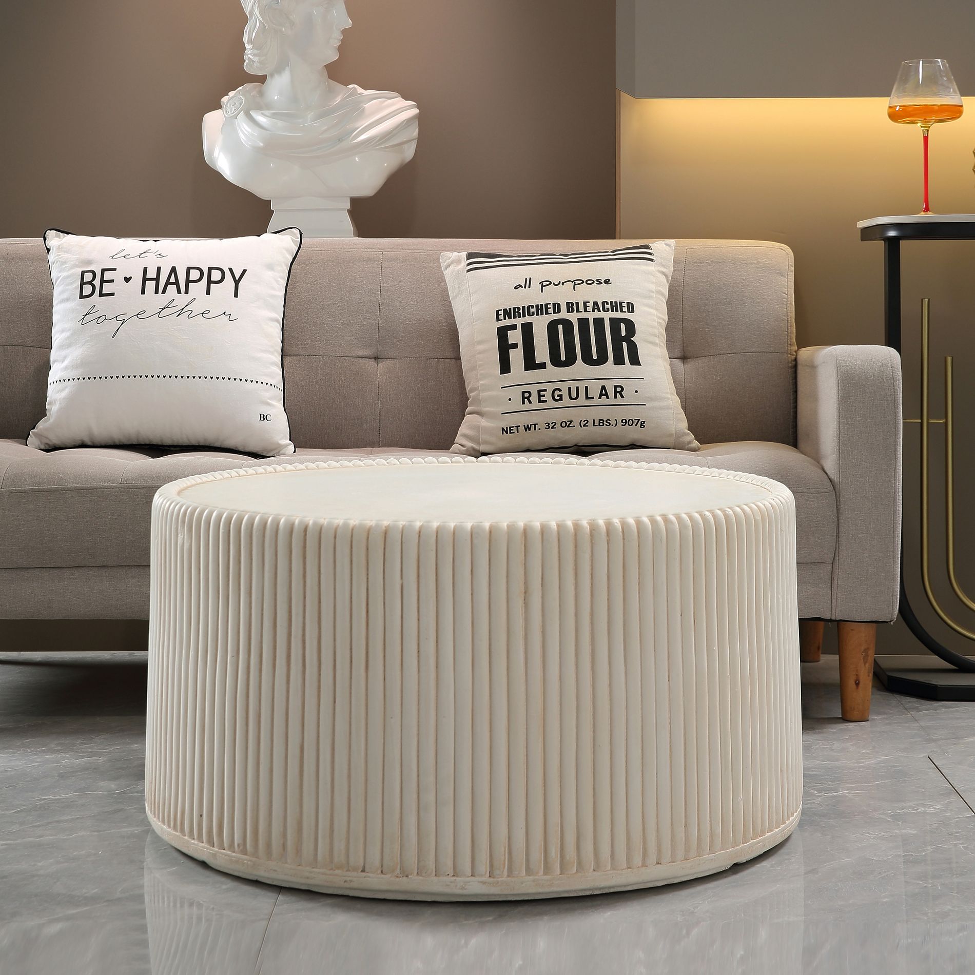 GDFStudio Chukwu Modern Lightweight Concrete Outdoor Round Coffee Table with Fluted Design, Cream White