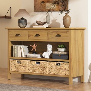 NicBex 3 Drawer Console Table with 1 Open Shelf,Entryway Table with 3 Water Hyacinth Woven Baskets,Modern Couch Table for Living Room,Natural - 1 of 4