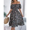 Women's Summer Floral Dresses Ruffle Puff Short Sleeve Square Neck Flowy A Line Midi Dress Black Medium - 3 of 4